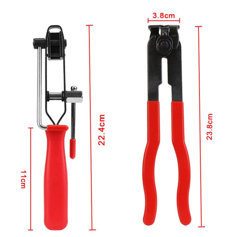 CV Boot Clamp Pliers Kit With Stainless Steel Construction, two red-handled pliers against a white background with measurements.
