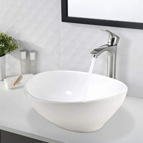 White Vessel Sink And Brushed Nickel Faucet Combo For Above-Counter Bathroom Vanity, 16x13 Inch Oval Sink With Matching Pop-Up Drain