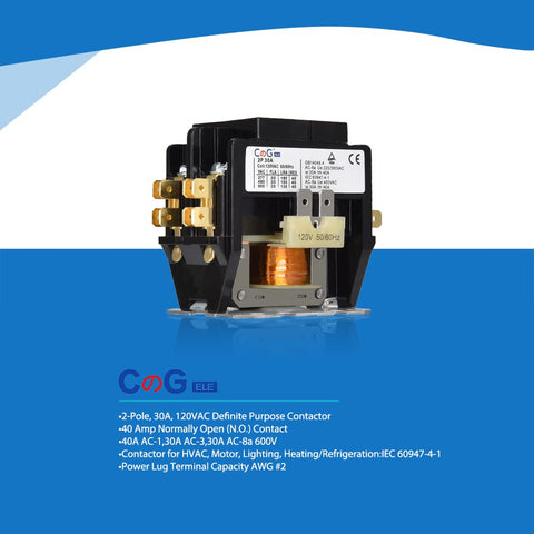 Two Pole 30 Amp 120 Volt HVAC Contactor with 120V coil, flame retardant housing, for condenser or compressor replacement