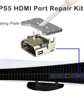 2 Pack HDMI Port Replacement For PS5 HDMI Socket DIY Repair Kit with heating plate and PS5 console view for repair illustration.