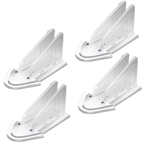 Kid Safe Sliding Door Lock Kit 4 Pack No Drill Childproof Window Locks For Glass Doors Cabinets Closets And Patio Baby Proofing Durable Safety Bar Easy Install Prevent Crawling Out And Accidents, shown in white plastic, angled view.