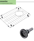 Undermount 14 Inch Bar Sink Black Stainless Steel Single Bowl 16 Gauge Dope Durable Wet Bar Prep RV Camper Outdoor Kitchen Sink With Bottom Grid And Drain accessories showing bottom grid and drain strainer.
