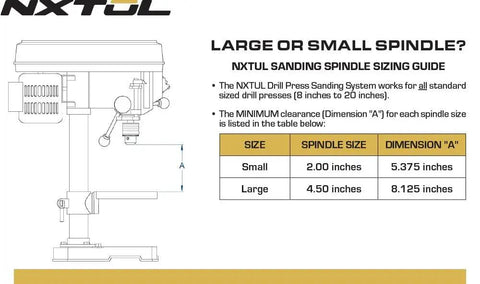 Illustration showing the sanding spindle sizing guide for turning a drill press into a power spindle sander with size dimensions.