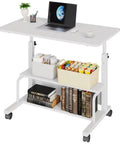 Height Adjustable Ergonomic Rolling Computer Desk With Storage Shelves Waterproof Portable Study Table Compact Multipurpose Workstation For Home Office Built Different Setup Smooth Roll Casters with laptop and storage items.