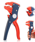2 In 1 Self Adjusting Wire Stripper And Cutter With Depth Stop showcasing red and blue handle design with crimp tool in hand