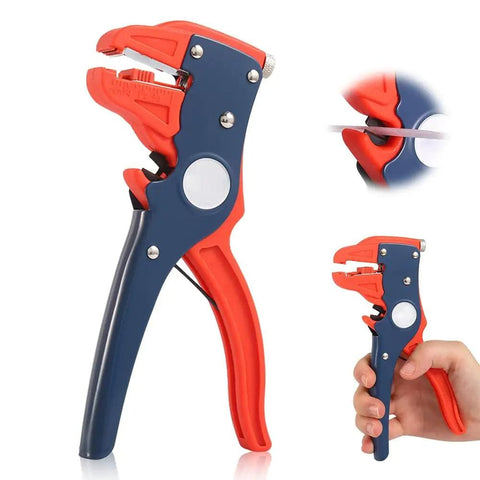 2 In 1 Self Adjusting Wire Stripper And Cutter With Depth Stop showcasing red and blue handle design with crimp tool in hand