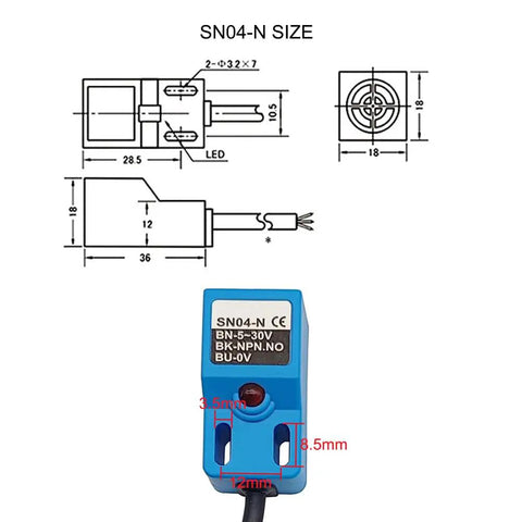 SN04 Inductive Proximity Sensor NPN NO 4mm Sensing Distance With Bracket Set, 5-30V DC, 300mA Output, schematic and dimensions