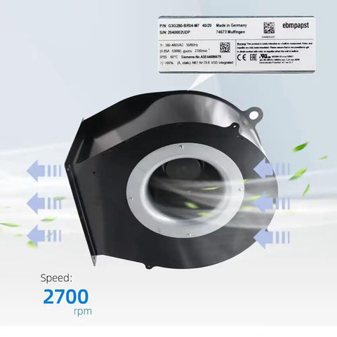 G3G280Br04M7 Bad Boy Centrifugal Fan with slick brushless servo motor, 280mm size, delivers airflow at 2700 RPM for industrial use.