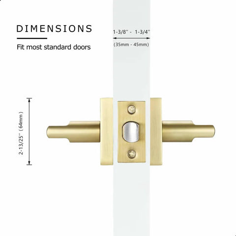 Gold Satin Brass Lever Door Handles For Interior Doors, Keyless Passage Style, dimensions showing fit for standard doors.
