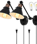 Plug In Wall Sconces Two Pack With Swing Arm, Dimmable Rotary Dimmer Switch, Black Metal Vintage Industrial Lighting for Bedside