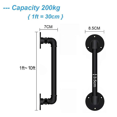 Heavy Duty Wrought Iron Stair Handrail For Indoor Outdoor Use providing solid support, 7cm mount gap, 200kg capacity, in classic black finish.