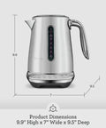 Smart Kettle Luxe 7-Cup Water Heater In Brushed Stainless Steel With Temperature Control, front view, showing dimensions.