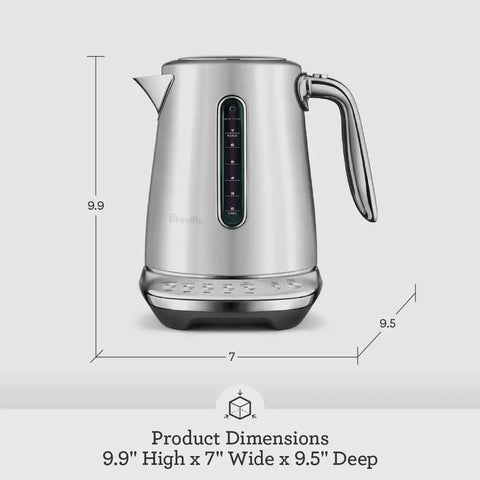 Smart Kettle Luxe 7-Cup Water Heater In Brushed Stainless Steel With Temperature Control, front view, showing dimensions.