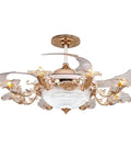 Luxury European Ceiling Fan Light With Remote Control And Invisible Blade Fan Chandelier In Trace Gold Finish with crystal accents.