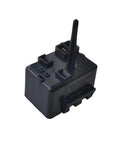 Upgraded Start Relay With WR07X10097 for refrigerator replacement, black plastic casing, top view