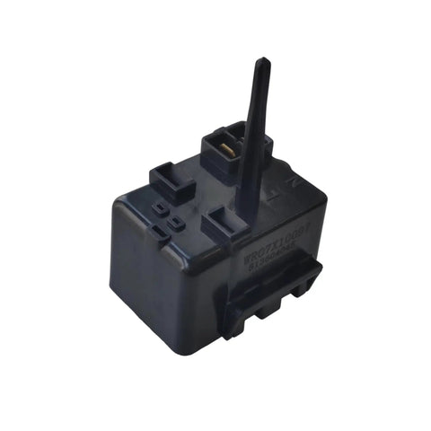 Upgraded Start Relay With WR07X10097 for refrigerator replacement, black plastic casing, top view