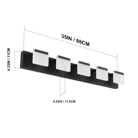 Five Light Matte Black LED Vanity Light Fixture With Acrylic Panels For Bathroom Mirror Cabinet Powder Room And More Dope Modern Sleek Fixture For Bedroom Living Area, 35in size detail