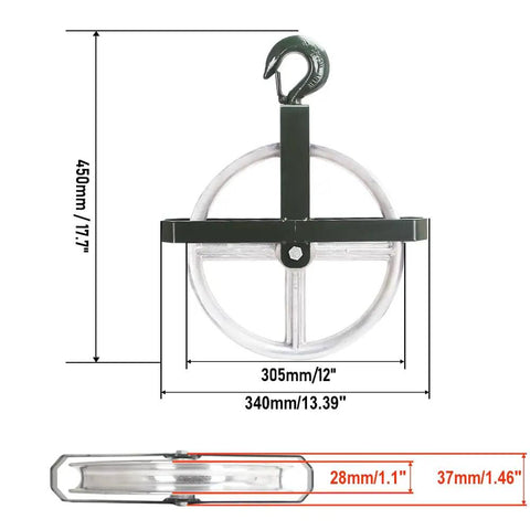 12 Inch Aluminum Scaffold Hoist Pulley With Dual Sealed Bearings, 1000 Lb Working Load, dimensions and rope fitting details.
