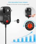 Universal 24W AC DC Wall Wart Power Adapter With 8 Interchangeable Tips for multiple voltage settings, showing rotary switch and voltage chart.