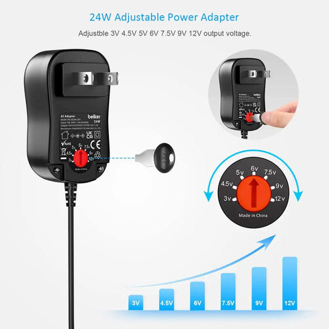 Universal 24W AC DC Wall Wart Power Adapter With 8 Interchangeable Tips for multiple voltage settings, showing rotary switch and voltage chart.