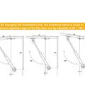 Diagram of 100N 22 Lb Hydraulic Heavy Duty Cabinet Gas Lift Struts With Soft Close Hinges showing installation angles.