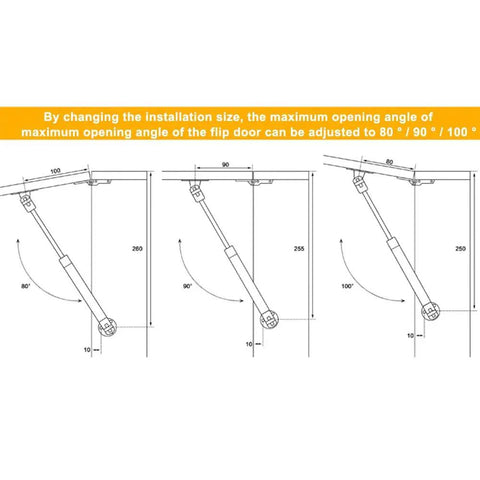 Diagram showing installation of 4 Pack 6 Inch 30N Hydraulic Cabinet Gas Springs With Soft Close Lid Support For Tip Up And Drop Down Doors.