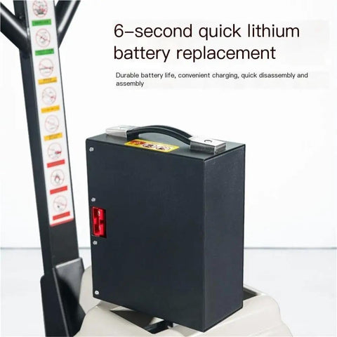 Heavy Duty Manual Pallet Jack With 1500 Kg Capacity showing quick lithium battery replacement feature for efficient operation.