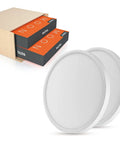 Two 12 inch LED flush mount ceiling light fixtures next to packaging, 2 pack 12 inch LED flush mount ceiling light fixtures with color temperature adjustable 3000K to 6500K, 20W equivalent to 200W, super bright and easy to install for living room, hallway, basement, closet, laundry, and porch.