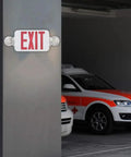 Red LED Exit Sign With Emergency Lights, Dual Adjustable Head Battery Backup, Fire Rated ABS Housing in parking garage