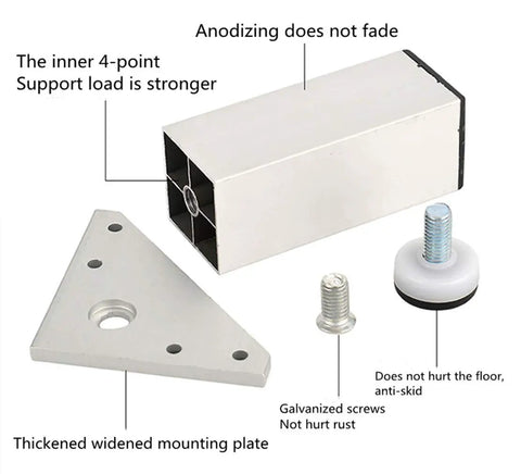 Beefy Adjustable Aluminum Table Legs 4 Inches High, Heavy Duty Metal Furniture Feet components and assembly features.