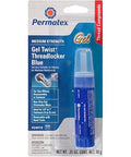 Front view of Permatex Blue Thread Locker Gel for Automotive Fasteners, 10g tube, in retail packaging.