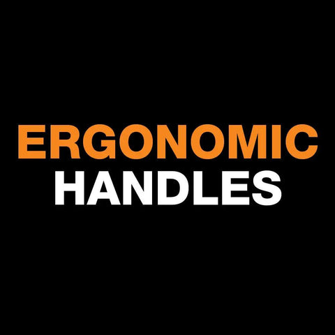 Text reading 'Ergonomic Handles' showcasing feature of Titanium Nitride No 8 Shop Snip, 8 Inch Heavy Duty Cutting Tool.