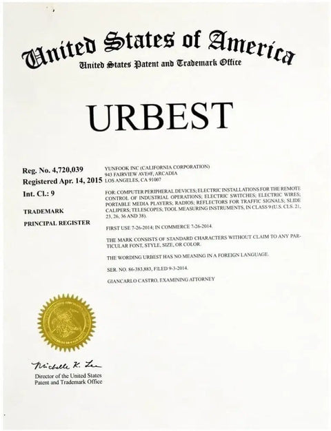 United States Patent and Trademark Office certificate for URBEST with registration number and official seal