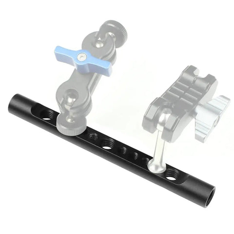 2 Pack 15mm Cheese Rod With M12 Threads And 1/4 3/8 Screw Holes, Aluminum Camera Rail Support For DSLR Rigs And Matte Boxes close-up on connecting hardware.