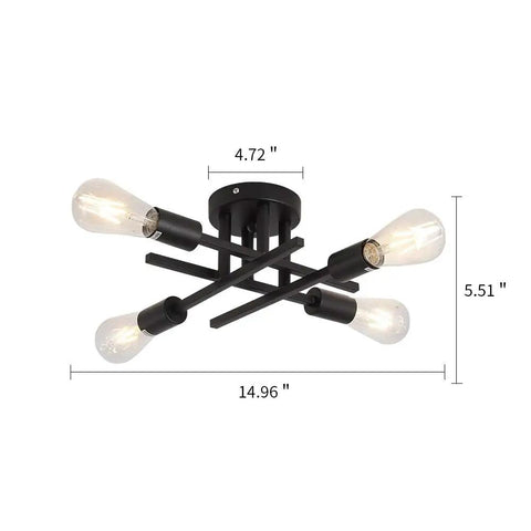Semi Flush Mount 4 Light Ceiling Chandelier Matte Black With E26 Base, dimensions displayed with bulbs, modern farmhouse style