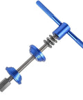 Blue bicycle headset press tool with T-handle and threaded rod for installing headset cups