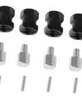 4 Pack 12mm Aluminum Wheel Hex Hubs With 15mm Offset Extension, Beefy Hex Drive Adapter Coupler, black and silver pieces displayed