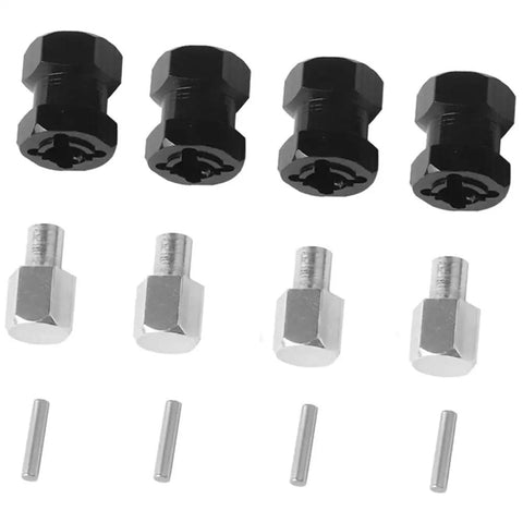 4 Pack 12mm Aluminum Wheel Hex Hubs With 15mm Offset Extension, Beefy Hex Drive Adapter Coupler, black and silver pieces displayed