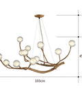 Modern Glass Bubble Chandelier With Sleek Wood Branch Accents, Rustic Industrial Flush Mount Pendant Light For Living Room, Adjustable Hanging Lamp showing clear glass orbs and wood branches, 103cm width.