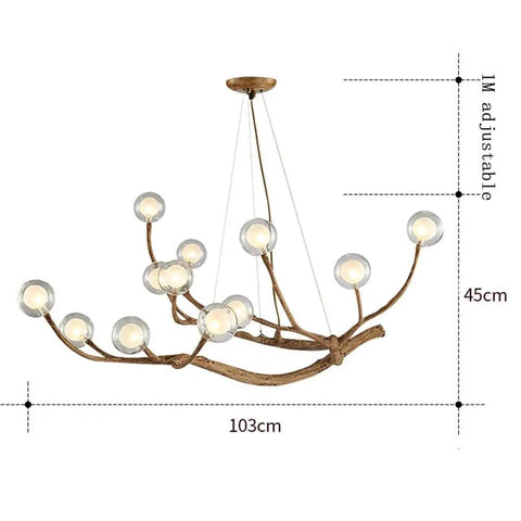 Modern Glass Bubble Chandelier With Sleek Wood Branch Accents, Rustic Industrial Flush Mount Pendant Light For Living Room, Adjustable Hanging Lamp showing clear glass orbs and wood branches, 103cm width.