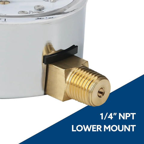 Front view of SENCTRL 0-30 in water column gauge with brass 1/4 NPT lower mount and chrome body