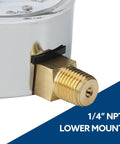 Close-up of a brass 1/4 inch NPT lower mount on a Low Pressure Capsule Gauge 0 To 5 Psi, 2-1/2 Inch Dial, Chrome Plated Steel Case