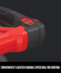 Close-up of the 10 Inch Corded Polisher with 2800 OPM for a swirl free finish, variable speed dial, contoured overmolded grip.