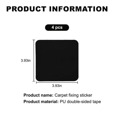 Four Pack Rug Grippers For Hardwood Floors That Keep Rugs Staying Put, shown as black square PU double-sided tape, 3.93in size.