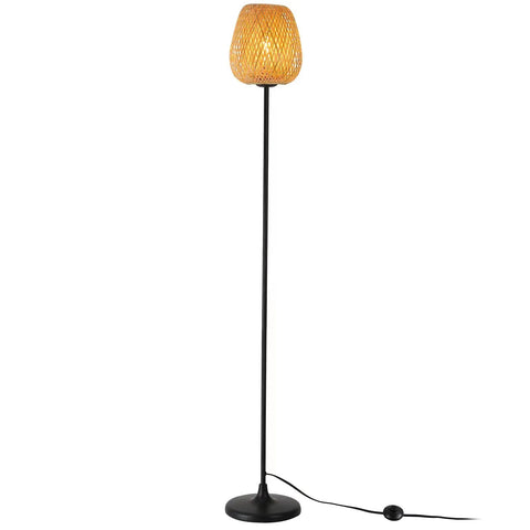 Japanese Style Bamboo Floor Lamp With Handwoven Rattan Shade, Modern Tall Standing Light, Industrial Black Metal Legs, no bulb