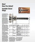 Pro Grade Twenty Minute Fire Rated Invisible Door Closer With Zero Hassle Slick Adjustment And Ultra Quiet Operation Fully Recessed Design features a detailed schematic of the invisible closer hinge.
