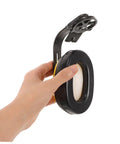 Job Site Tough Safety Hard Hat Ear Muffs With Integrated Noise Blocking Cups For Industrial Hearing Protection And Heavy Duty Construction Environments held in hand.