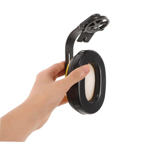 Job Site Tough Safety Hard Hat Ear Muffs With Integrated Noise Blocking Cups For Industrial Hearing Protection And Heavy Duty Construction Environments held in hand.
