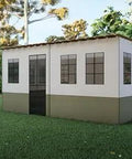 10x12 Ft Deluxe Sukkah Shelter For Sukkot Gatherings With Weatherproof Fabric Walls Bamboo Schach Roof Magnetic Screen Door No Sweat Butter Smooth Quick Setup in a grassy yard.