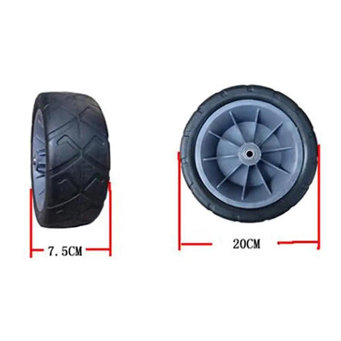 Close-up of wheels for Folding Wagon Cart With Removable Canopy And 4 Wheels, 7.5cm wide and 20cm diameter, black rubber material.